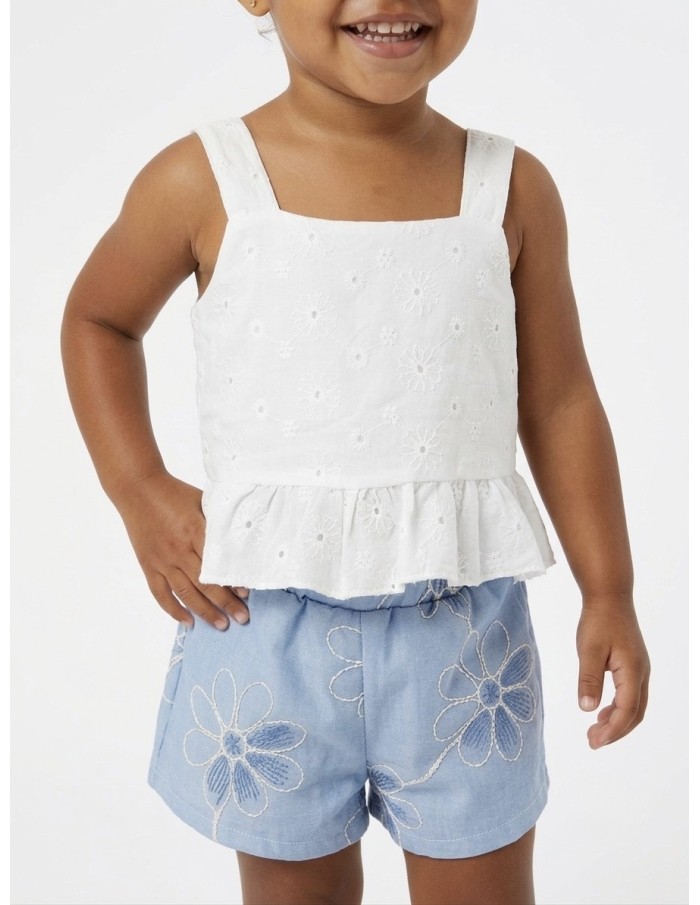 ENSEMBLE FLEURI TOP BRODÉ ET SHORT BLEU - BÉBÉ