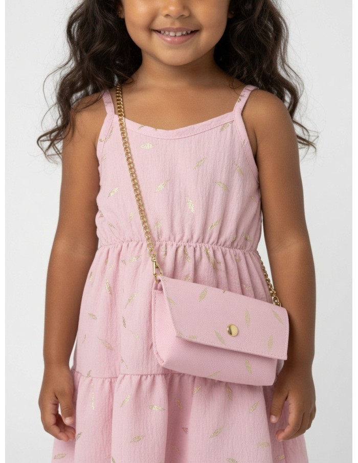 ROBE PLUMES DORÉS ROSE + SAC ASSORTI - FILLE