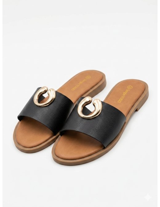 SANDALES NOIRES À BOUCLE DORÉE- FEMME