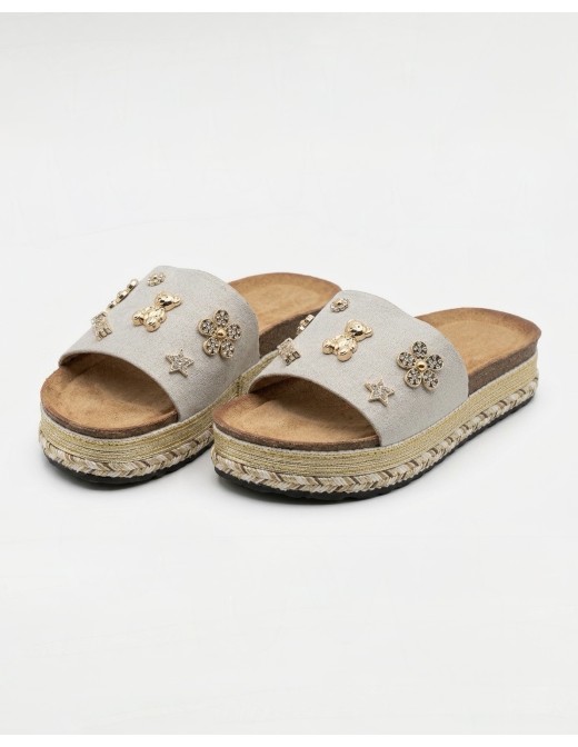 MULES COMPENSÉES AVEC ORNEMENTS BEIGE - FEMME