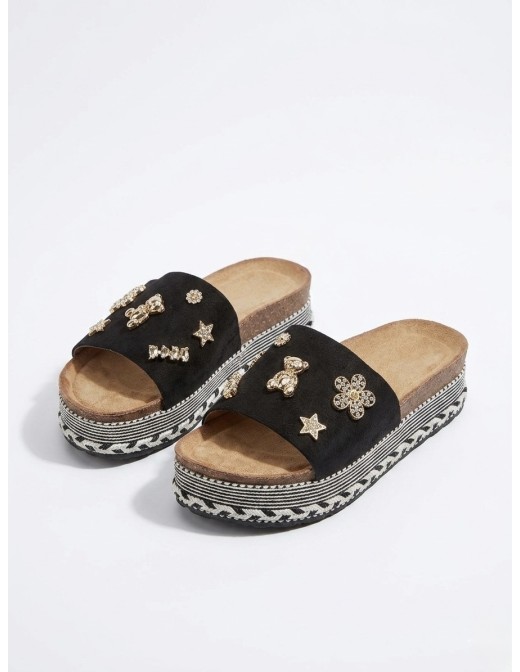 MULES COMPENSÉES AVEC ORNEMENTS NOIRES - FEMME