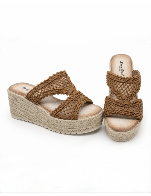 MULES COMPENSÉES EN CROCHET CAMEL - FEMME