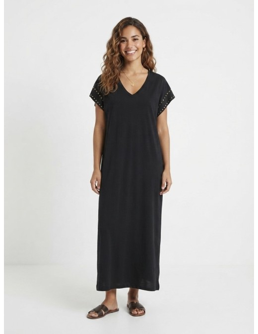 ROBE LONGUE À CLOUS DÉCORATIFS NOIR - FEMME