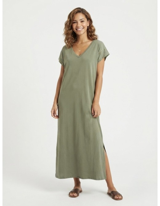 ROBE LONGUE À CLOUS DÉCORATIFS KAKI - FEMME