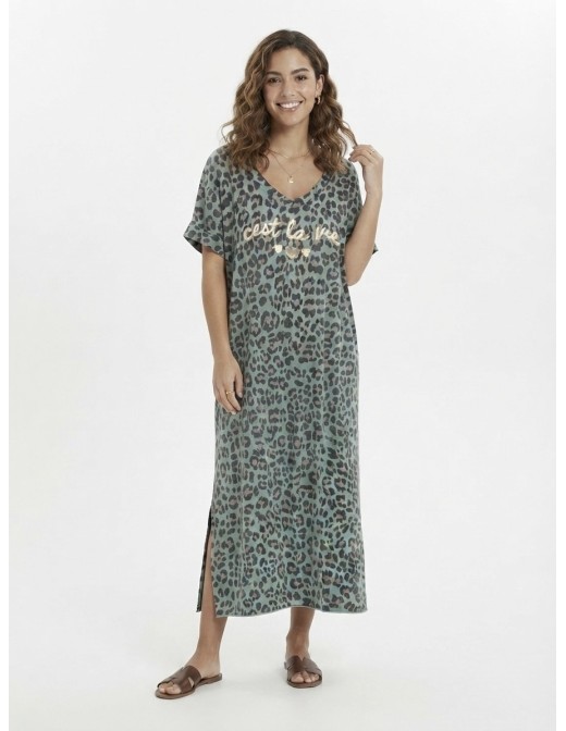 ROBE LONGUE IMPRIMÉ LÉOPARD "C'EST LA VIE" VERTE - FEMME