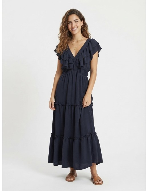 ROBE LONGUE VOLANTÉE BLEU MARINE - FEMME