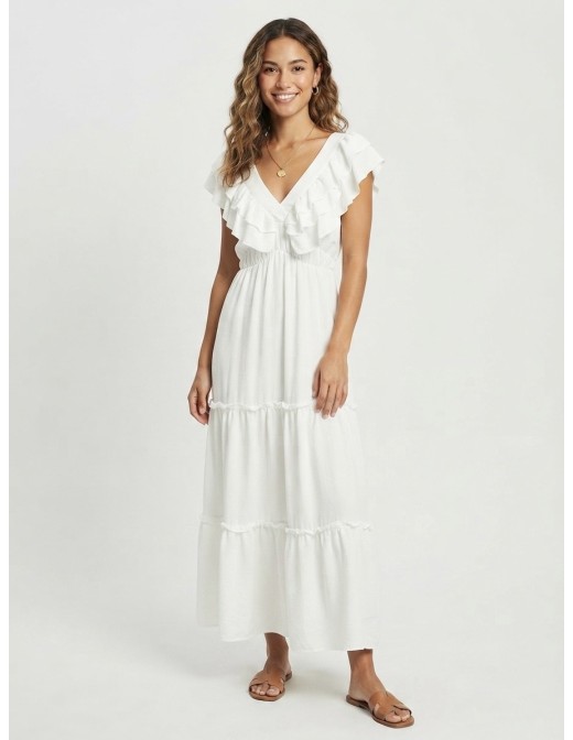 ROBE LONGUE VOLANTÉE BLANCHE - FEMME