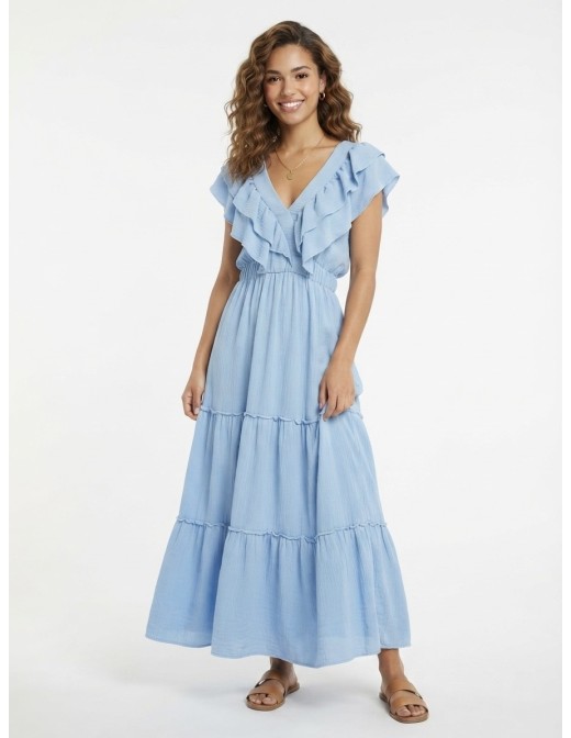 ROBE LONGUE VOLANTÉE BLEU CLAIR - FEMME