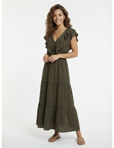 ROBE LONGUE VOLANTÉE KAKI - FEMME