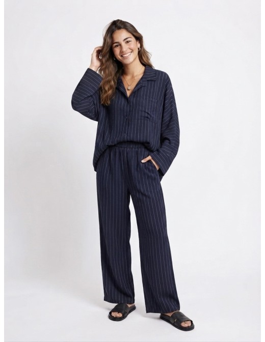 ENSEMBLE CHEMISE + PANTALON RAYÉ BLEU MARINE - FEMME