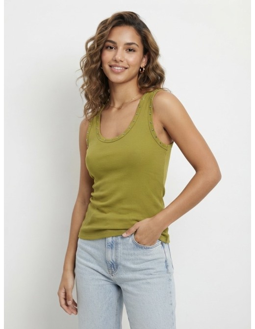 TOP DÉBARDEUR À BORDS CLOUTÉS VERT OLIVE - FEMME