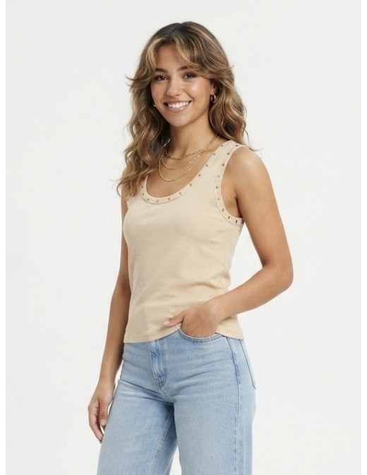 TOP DÉBARDEUR À BORDS CLOUTÉS BEIGE - FEMME
