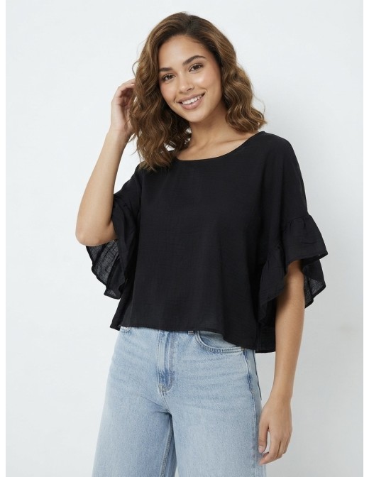 TOP À MANCHES VOLANTS NOIR - FEMME