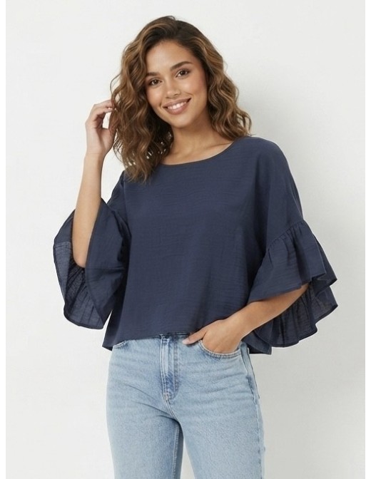 TOP À MANCHES VOLANTS BLEU MARINE - FEMME