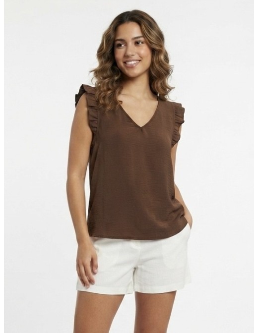 TOP FLUIDE CHOCOLAT À DÉTAILS VOLANTS - FEMME