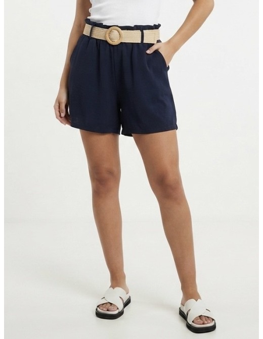SHORT FLUIDE BLEU MARINE AVEC CEINTURE NATTÉE - FEMME