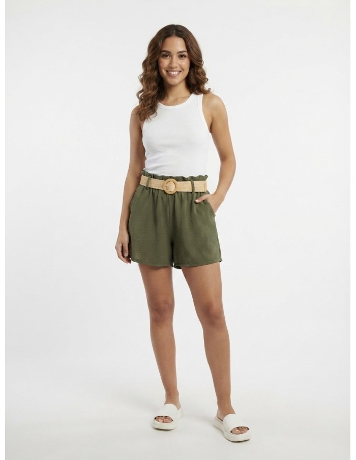 SHORT FLUIDE KAKI AVEC CEINTURE NATTÉE - FEMME