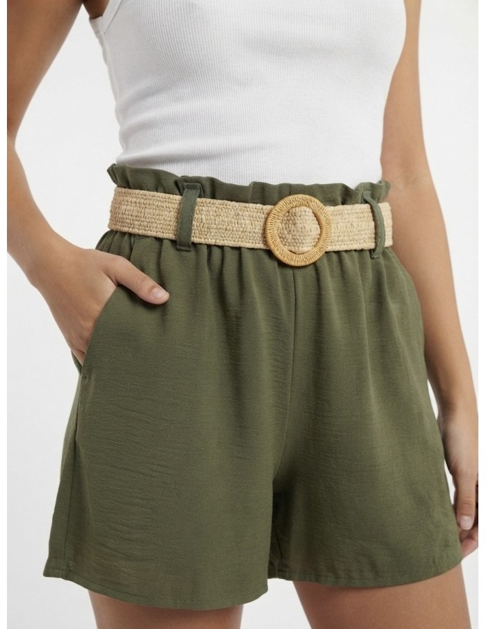 SHORT FLUIDE KAKI AVEC CEINTURE NATTÉE - FEMME