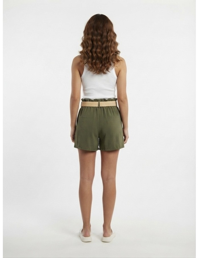 SHORT FLUIDE KAKI AVEC CEINTURE NATTÉE - FEMME