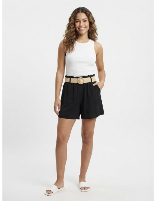 SHORT FLUIDE NOIR AVEC CEINTURE NATTÉE - FEMME