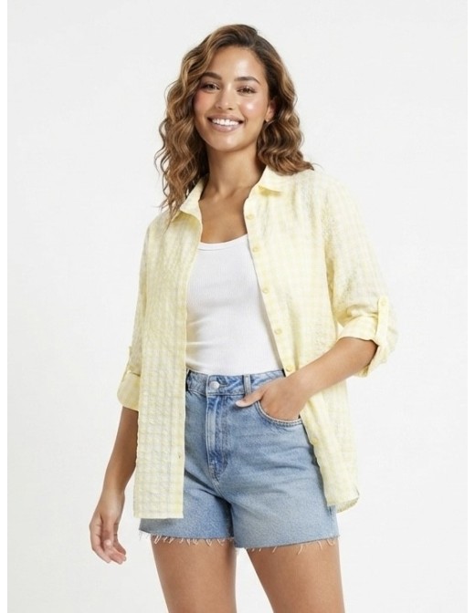 CHEMISE VICHY TEXTURÉ JAUNE PASTEL - FEMME