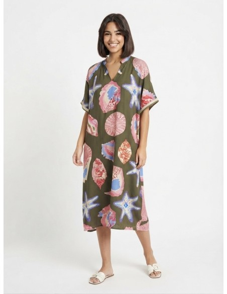 ROBE LONGUE MOTIF COQUILLAGES KAKI  - FEMME