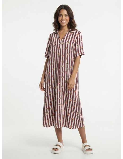 ROBE COL V RAYURES BORDEAUX ET ROSES - FEMME