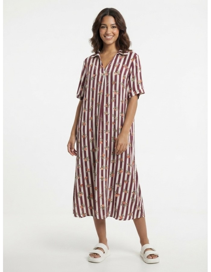 ROBE COL V RAYURES BORDEAUX ET ROSES - FEMME