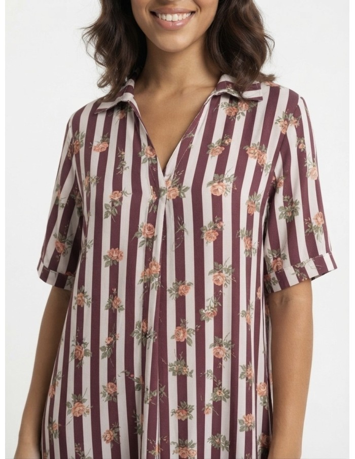 ROBE COL V RAYURES BORDEAUX ET ROSES - FEMME