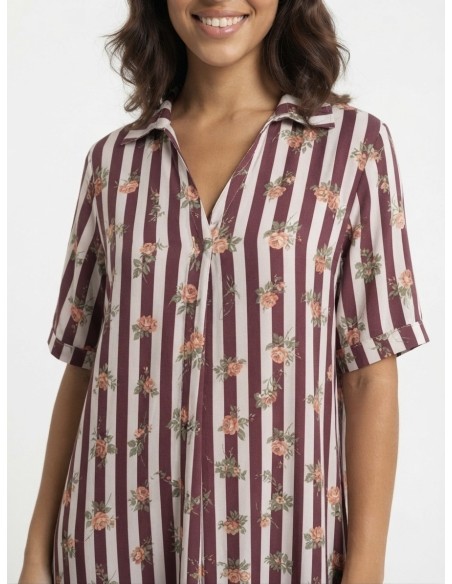 ROBE COL V RAYURES BORDEAUX ET ROSES - FEMME