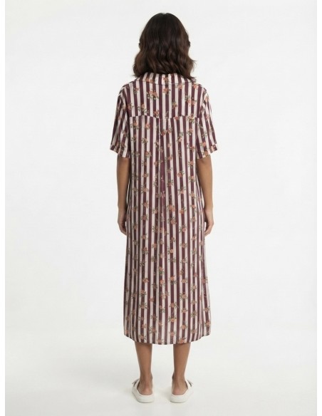 ROBE COL V RAYURES BORDEAUX ET ROSES - FEMME
