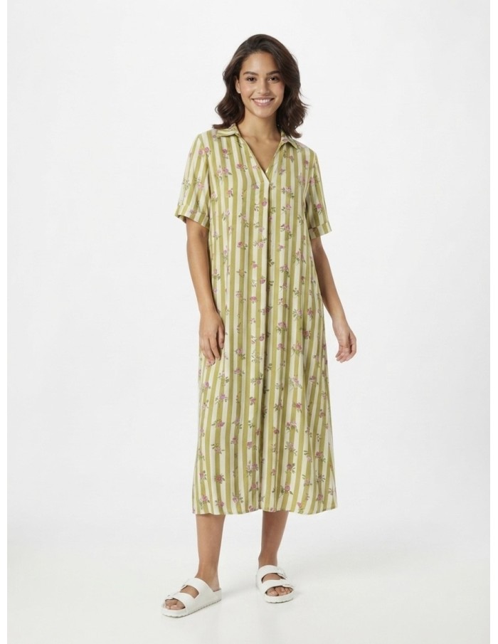 ROBE COL V RAYURES VERTES ET ROSES - FEMME