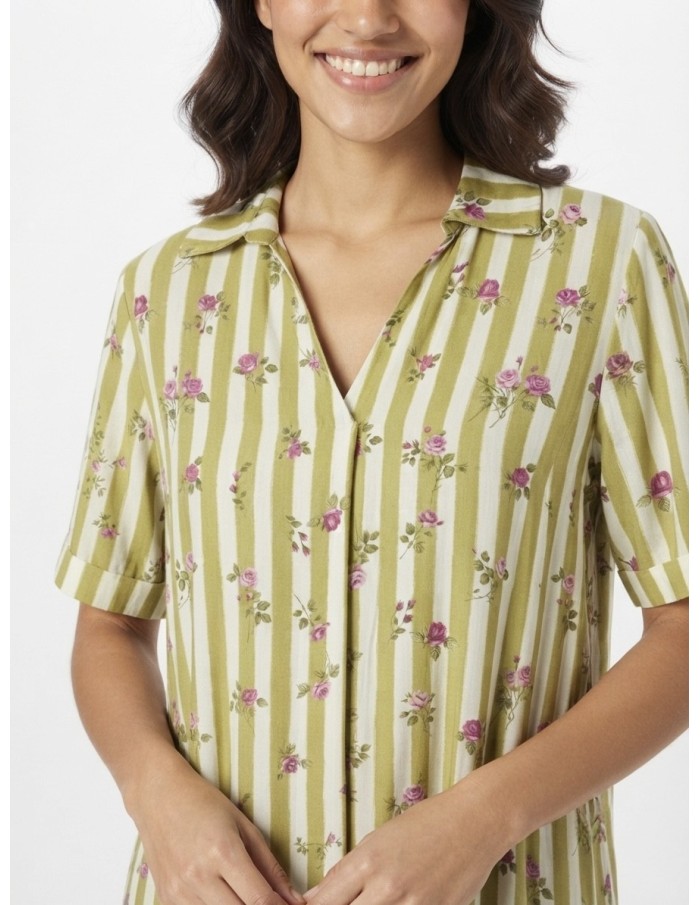 ROBE COL V RAYURES VERTES ET ROSES - FEMME