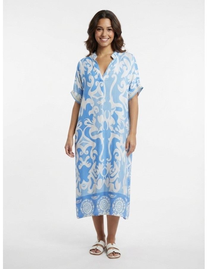 ROBE TUNIQUE IMPRIMÉ BAROQUE BLEU ET BLANC - FEMME