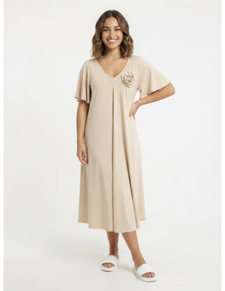 ROBE BEIGE DÉTAIL ROSE FLEURIE - FEMME