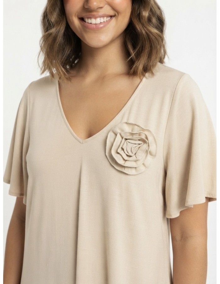 ROBE BEIGE DÉTAIL ROSE FLEURIE - FEMME