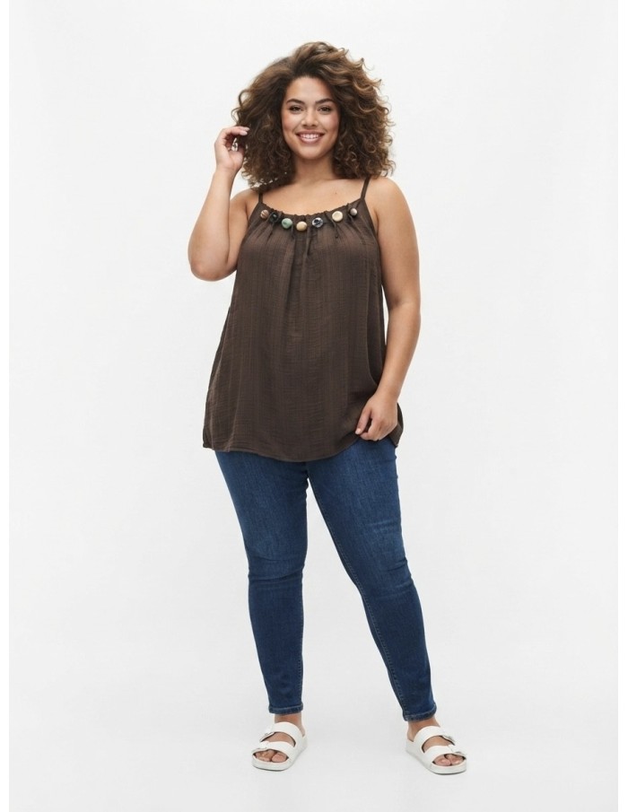 TOP DÉBARDEUR DÉTAILS DE PIERRES PERLES CHOCOLAT - FEMME