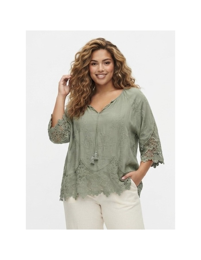BLOUSE BOHÈME VERT SAUGE ET DENTELLE - FEMME