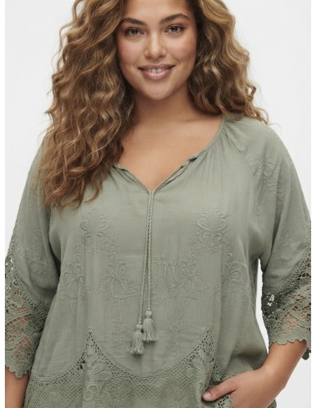 BLOUSE BOHÈME VERT SAUGE ET DENTELLE - FEMME