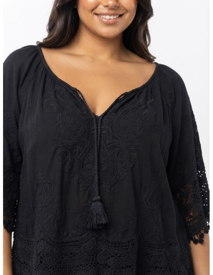 BLOUSE BOHÈME NOIR ET DENTELLE - FEMME