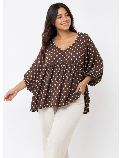TOP ÉVASÉ MARRON ET POIS BLANCS - FEMME