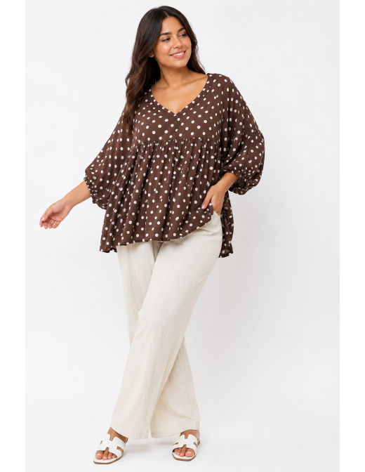 TOP ÉVASÉ MARRON ET POIS BLANCS - FEMME 2