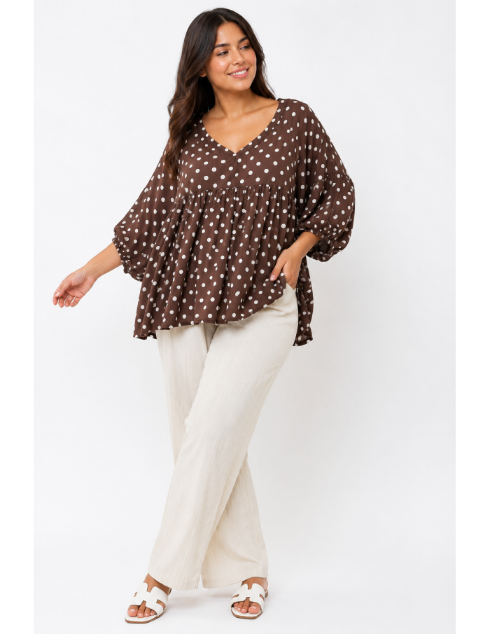 TOP ÉVASÉ MARRON ET POIS BLANCS - FEMME