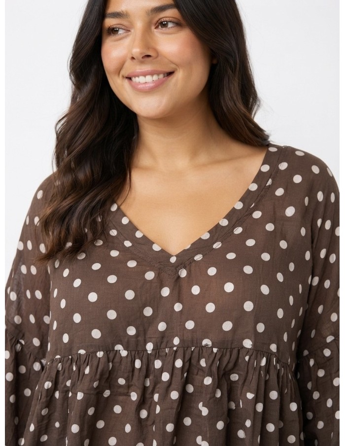 TOP ÉVASÉ MARRON ET POIS BLANCS - FEMME