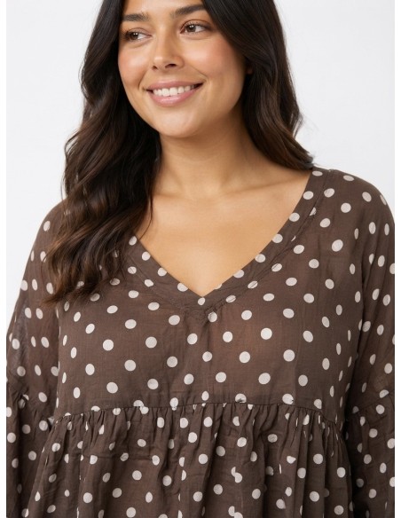 TOP ÉVASÉ MARRON ET POIS BLANCS - FEMME