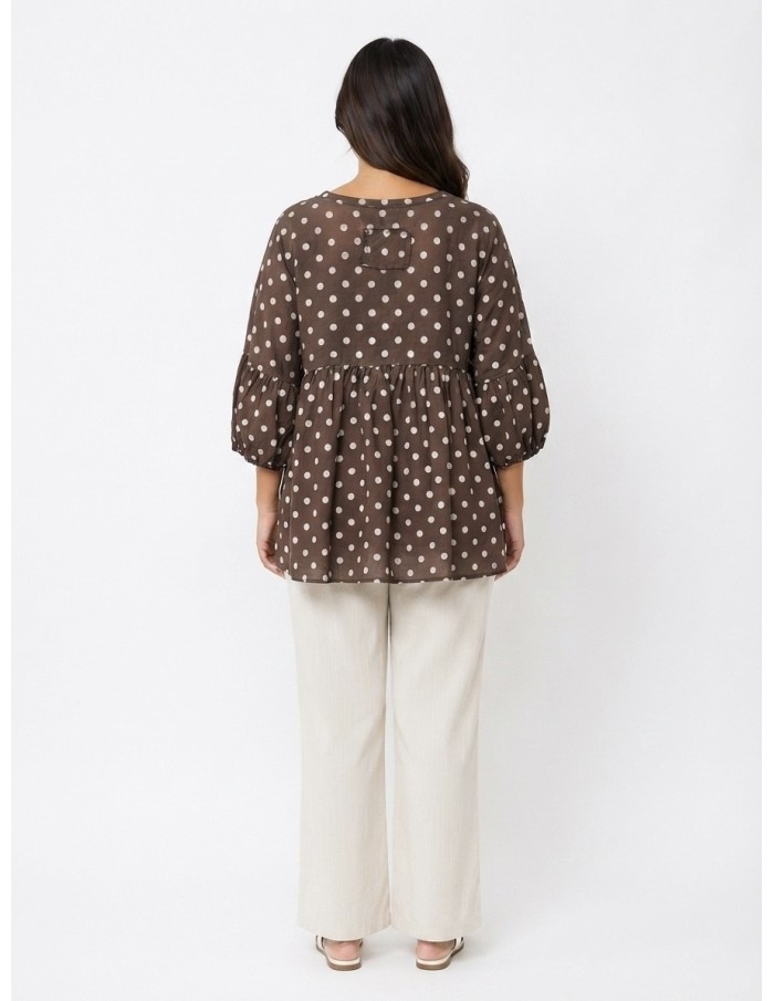 TOP ÉVASÉ MARRON ET POIS BLANCS - FEMME