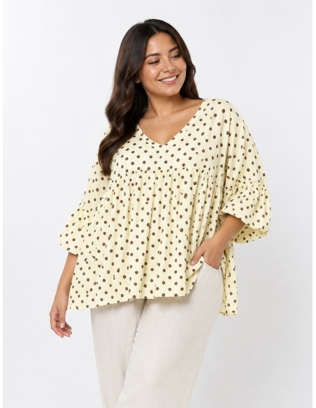 TOP ÉVASÉ JAUNE ET POIS MARRON - FEMME
