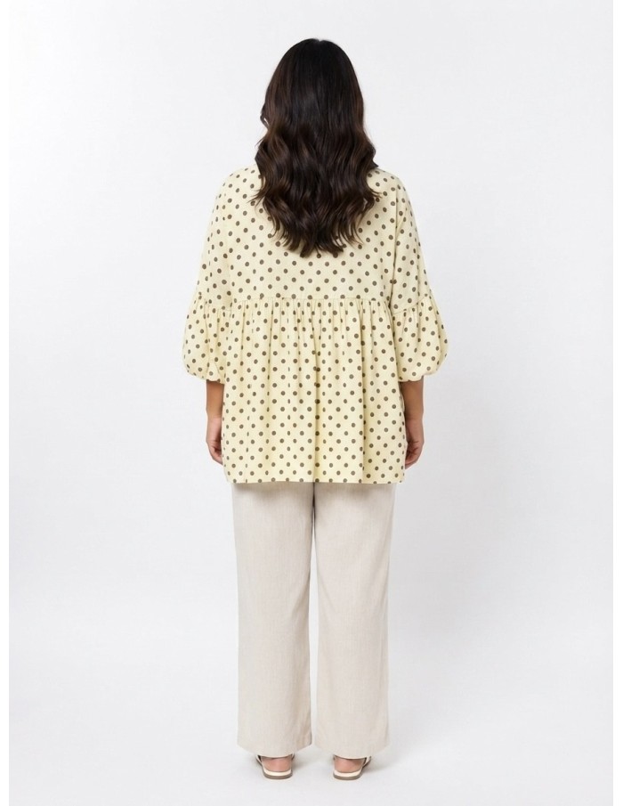 TOP ÉVASÉ JAUNE ET POIS MARRON - FEMME
