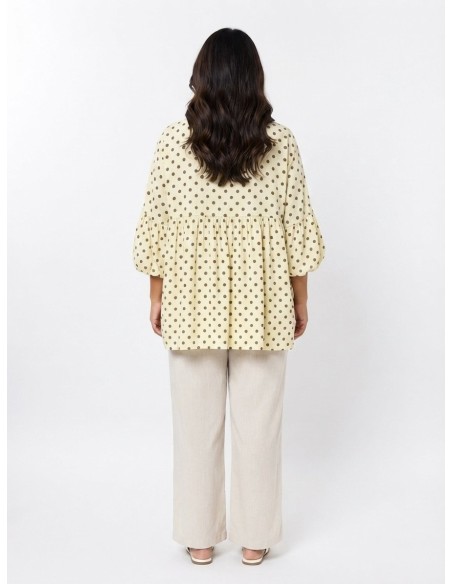 TOP ÉVASÉ JAUNE ET POIS MARRON - FEMME