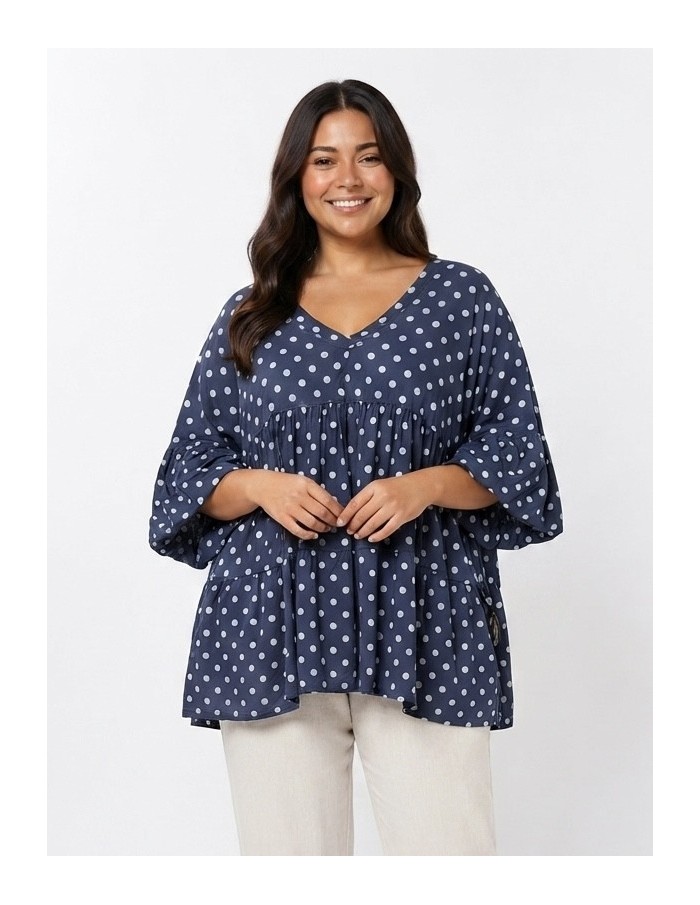 TOP ÉVASÉ BLEU ET POIS BLANC - FEMME